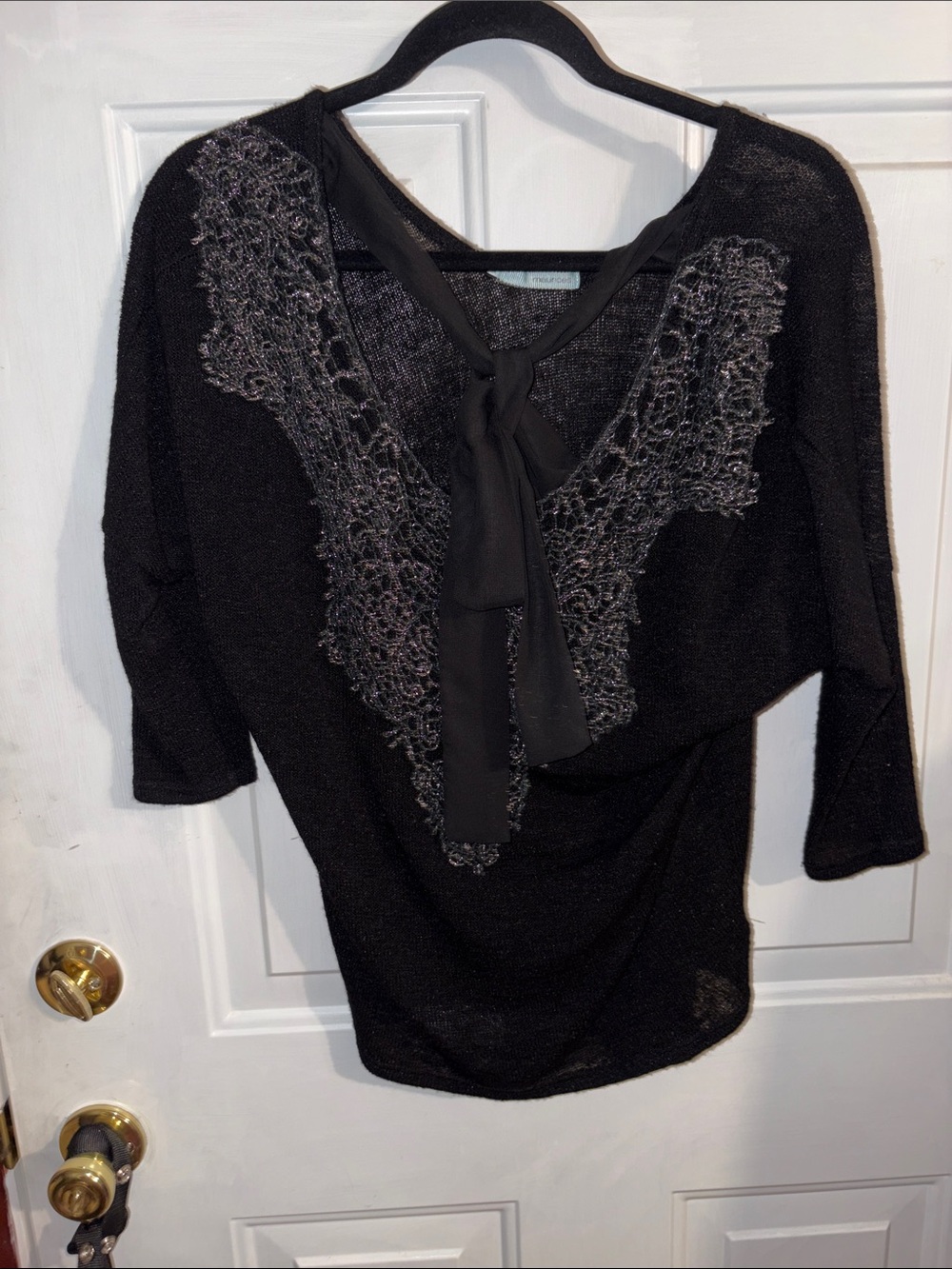 Black Tie-Neck Women's Sweater with Lace Yoke